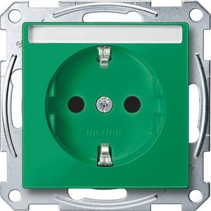 Фото Schneider Electric Merten System M MTN2302-0304 Розетка с заземляющим контактом и полем для надписи (16 А, под рамку, шторки, скрытая установка, зеленая)