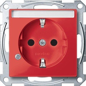 Фото Schneider Electric Merten System M MTN2303-0306 Розетка с заземляющим контактом и полем для надписи (16 А, под рамку, индикация, шторки, скрытая установка, рубиново-красная)