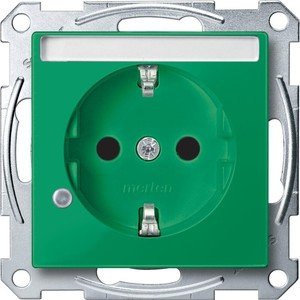 Фото Schneider Electric Merten System M MTN2303-0304 Розетка с заземляющим контактом и полем для надписи (16 А, под рамку, индикация, шторки, скрытая установка, зеленая)