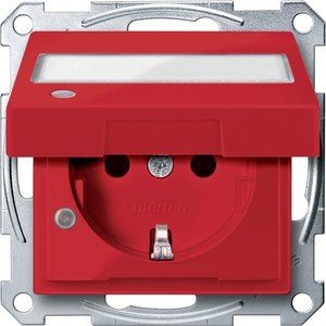 Фото Schneider Electric Merten System M MTN2313-0306 Розетка с заземляющим контактом и полем для надписи (16 А, под рамку, крышка, индикация, шторки, скрытая установка, рубиново-красная)