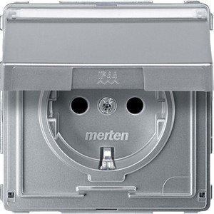 Фото Schneider Electric Merten Aquadesign MTN2312-7260 Розетка с заземляющим контактом и полем для надписи (16 А, под рамку, шторки, скрытая установка, алюминий)