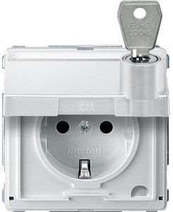 Фото Schneider Electric Merten Aquadesign MTN2316-7219 Розетка с заземляющим контактом, замком и полем для надписи (16 А, под рамку, шторки, скрытая установка, полярно-белая)