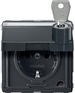 Фото Schneider Electric Merten Aquadesign MTN2316-7214 Розетка с заземляющим контактом, замком и полем для надписи (16 А, под рамку, шторки, скрытая установка, антрацит)
