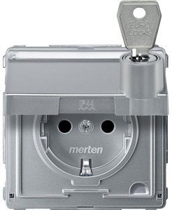 Фото Schneider Electric Merten Aquadesign MTN2316-7260 Розетка с заземляющим контактом, замком и полем для надписи (16 А, под рамку, шторки, скрытая установка, алюминий)