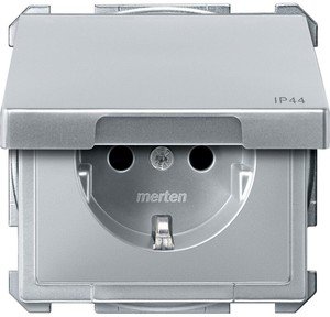 Фото Schneider Electric Merten Artec/Antique MTN2414-4060 Розетка с заземляющим контактом (IP44, 16 А, под рамку, крышка, шторки, скрытая установка, алюминий)