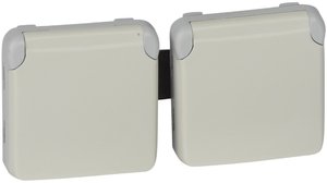 Фото Legrand Plexo 069642 Розетка двойная (16 А, з/к, крышка, шторки, в сборе, открытая установка, белый)