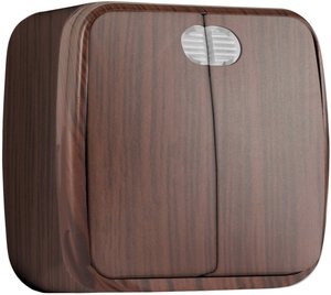 Фото EKF EGV10-123-40 Выключатель 2-клавишный ОП Минск 10А с индикатором тёмное дерево