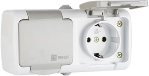 Фото EKF EFR16-129-30-54 Мурманск Розетка 2-местная 16А с заземлением с крышкой IP54 серый с защитными шторками