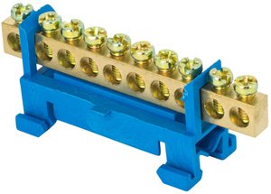 Фото EKF sn0-63-10-sb Шина "0" N (6х9мм) 10 отверстий латунь синий изолятор тип "Стойка" на DIN-рейку PROxima