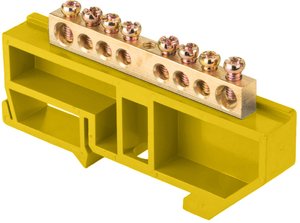 Фото EKF sn0-63-08-dz Шина "0" N (6х9мм) 8 отверстий латунь желтый изолятор на DIN-рейку PROxima