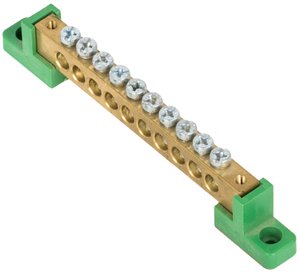 Фото EKF sn0-125-10-2-pe Шина "0" PE 8x12мм 10 отверстий латунь с контактной пластиной 2 зелёных угловых изолятора PROxima