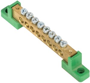 Фото EKF sn0-125-08-2-pe Шина "0" PE 8x12мм 8 отверстий латунь с контактной пластиной 2 зелёных угловых изолятора PROxima