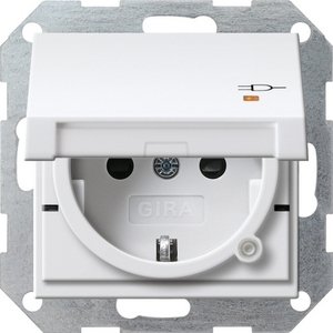 Фото Gira System55 276327 Розетка SCHUKO с заземляющим контактом (16 А, шторки, крышка, подсветка, под рамку, скрытая установка, белая матовая)