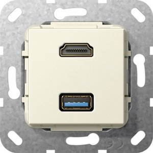 Фото Gira System55 567801 Розетка комбинированная переходник (HDMI+USB, под рамку, скрытая установка, кремовая глянцевая)