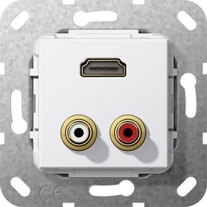 Фото Gira System55 567303 Розетка комбинированная переходник (2хRCA+HDMI, под рамку, скрытая установка, белая глянцевая)