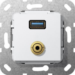 Фото Gira System55 568603 Розетка комбинированная (USB+mini-Jack 3.5, под рамку, скрытая установка, белая глянцевая)