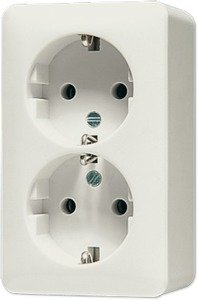 Фото Jung AP600 6020KIA Розетка двойная с заземляющим контактом (16 А, в сборе, шторки, открытая установка, слоновая кость)