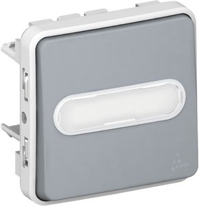 Фото Legrand Plexo 069544 Выключатель кнопочный (подсветка, 10 А, под рамку, возм. накладного монтажа, с/у, серый)