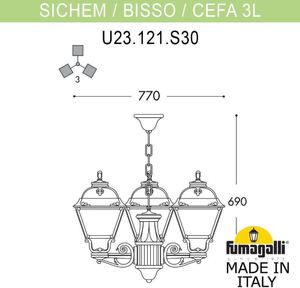 Фото Fumagalli Sichem/Cefa 3L U23.120.S30.VXF1R Люстра уличная с 3 фонарями 690 мм (корпус античная медь, плафон прозрачный)