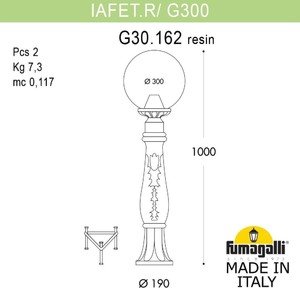 Фото Fumagalli Iafaet.R/G300 G30.162.000.VZE27 Столбик освещения садовый 1000 мм (корпус античная медь, плафон дымчатый)