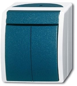 Фото ABB Ocean 2CKA001484A0374 Кнопка без фиксации двухклавишная (10 А, поле для надписи, в сборе, IP44, о/у, серый/морская волна)
