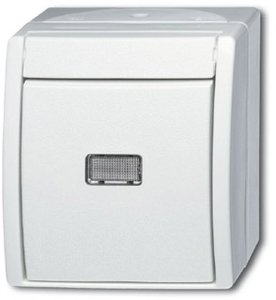 Фото ABB Ocean 2CKA001085A1626 Переключатель одноклавишный (10 А, подсветка, IP44, в сборе, открытая установка, альпийский белый)