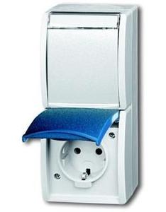 Фото ABB Ocean 2CKA002084A0702 Розетка двойная (16 А, IP44, вертик., в сборе, поле для надписи, крышка, о/у, з/к, серый/морская волна)