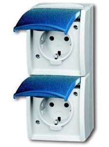 Фото ABB Ocean 2CKA002084A0729 Розетка двойная (16 А, IP44, вертик., в сборе, крышка, о/у, з/к, серый/морская волна)