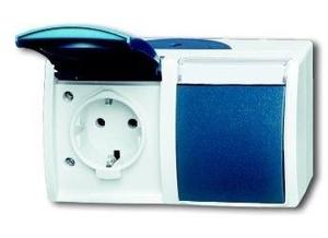 Фото ABB Ocean 2CKA002084A0728 Розетка двойная (16 А, IP44, горизонт., в сборе, поле для надписи, крышка, о/у, з/к, серый/морская волна)