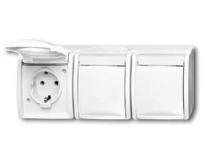 Фото ABB Ocean 2CKA002084A0716 Розетка тройная (16 А, IP44, горизонт., в сборе, крышка, поле для надписи, о/у, з/к, альпийский-белый)