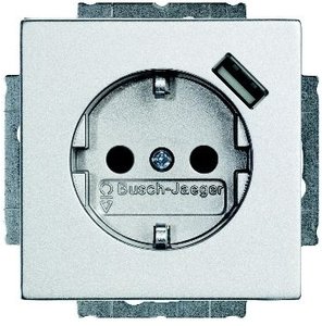 Фото ABB Future Linear 2CKA002011A6178 Розетка с заземляющим контактом (16A, USBх1шт., под рамку, шторки, скрытая установка, серебристо-алюминиевая)