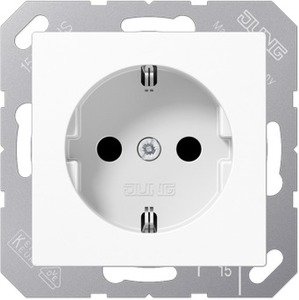 Фото Jung A500 A1521BFWW Розетка с заземляющим контактом (ударопрочная, 16 А, под рамку, скрытая установка, белая)