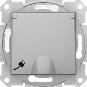 Фото Schneider Electric Sedna SDN3100560 Розетка с заземляющим контактом (IP44, 16 А, быстрозажим. контакты, под рамку, крышка, шторки, скрытая установка, алюминий)