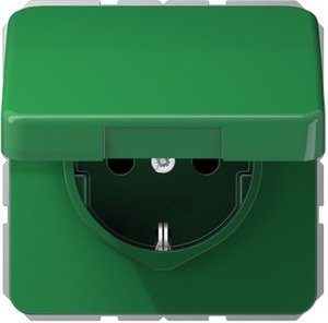 Фото Jung CD500 CD1520BFKLGN Розетка с заземляющим контактом (16 А, ударопрочная, под рамку, крышка, скрытая установка, зеленая)