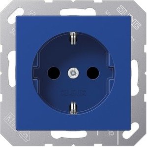 Фото Jung A1520BFKIBL Розетка с заземляющим контактом (16 А, ударопрочная, под рамку, шторки, скрытая установка, синяя)