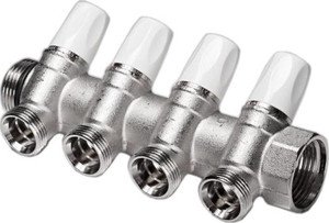 Фото REHAU RAUTITAN 11316471001 Коллектор (1" НР, 4 x 3/4" НР, латунь)