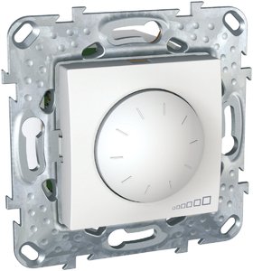 Фото Schneider Electric Unica MGU5.513.18 Светорегулятор поворотно-нажимной (400 Вт, под рамку, возм. упр. с 2х мест, с/у, с возм. о/у, белый)