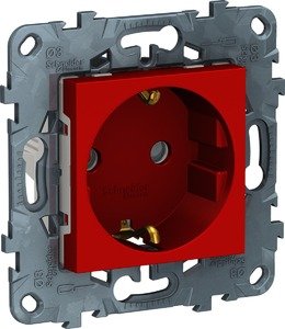 Фото Schneider Electric Unica NEW NU503703 Розетка одинарная с заземляющим контактом (16 А, IP20, под рамку, скрытая установка, шторки, красная)