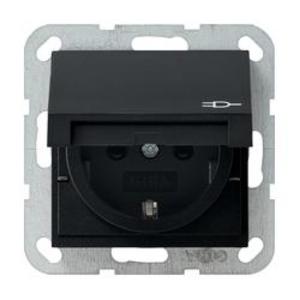 Фото Gira E2 0414005 Розетка SCHUKO с заземляющим контактом (16 А, шторки, крышка, под рамку, скрытая установка, черная матовая)