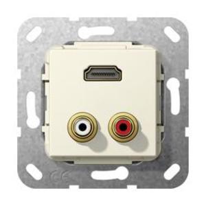 Фото Gira System55 567401 Розетка комбинированная (2хRCA+HDMI, под рамку, скрытая установка, кремовая глянцевая)