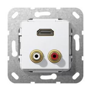 Фото Gira System55 567403 Розетка комбинированная (2хRCA+HDMI, под рамку, скрытая установка, белая глянцевая)
