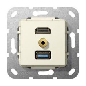 Фото Gira System55 568001 Розетка комбинированная (HDMI+USB+mini-Jack 3.5, под рамку, скрытая установка, кремовая глянцевая)
