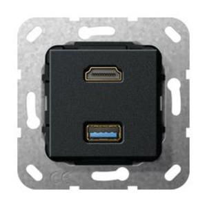 Фото Gira System55 567810 Розетка комбинированная переходник (HDMI+USB, под рамку, скрытая установка, черная матовая)