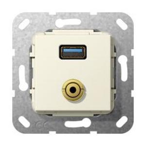 Фото Gira System55 568601 Розетка комбинированная (USB+mini-Jack 3.5, под рамку, скрытая установка, кремовая глянцевая)