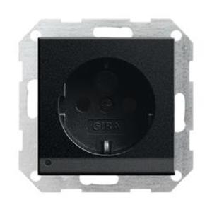 Фото Gira System55 1170005 Розетка SCHUKO с заземляющим контактом (16 А, шторки, подсветка, под рамку, скрытая установка, черная матовая)
