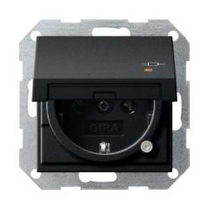 Фото Gira System55 2763005 Розетка SCHUKO с заземляющим контактом (16 А, шторки, крышка, подсветка, под рамку, скрытая установка, черная матовая)