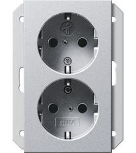 Фото Gira System55 273526 Розетка двойная SCHUKO с заземляющим контактом (16 А, шторки, маркировка, под рамку, скрытая установка, алюминий)