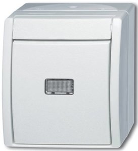 Фото ABB Ocean 1484-0-0381 Кнопка без фиксации (10 А, подсветка, IP44, в сборе, открытая установка, альпийский белый)