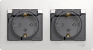 Фото Schneider Electric Glossa GSL000647 Розетка двойная с заземляющим контактом и шторками (16 А, IP44, крышка, в сборе, скрытая установка, перламутровая)