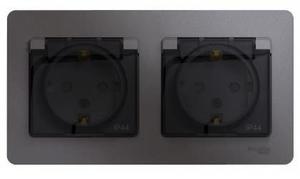 Фото Schneider Electric Glossa GSL001347 Розетка двойная с заземляющим контактом и шторками (16 А, IP44, крышка, в сборе, скрытая установка, графит)